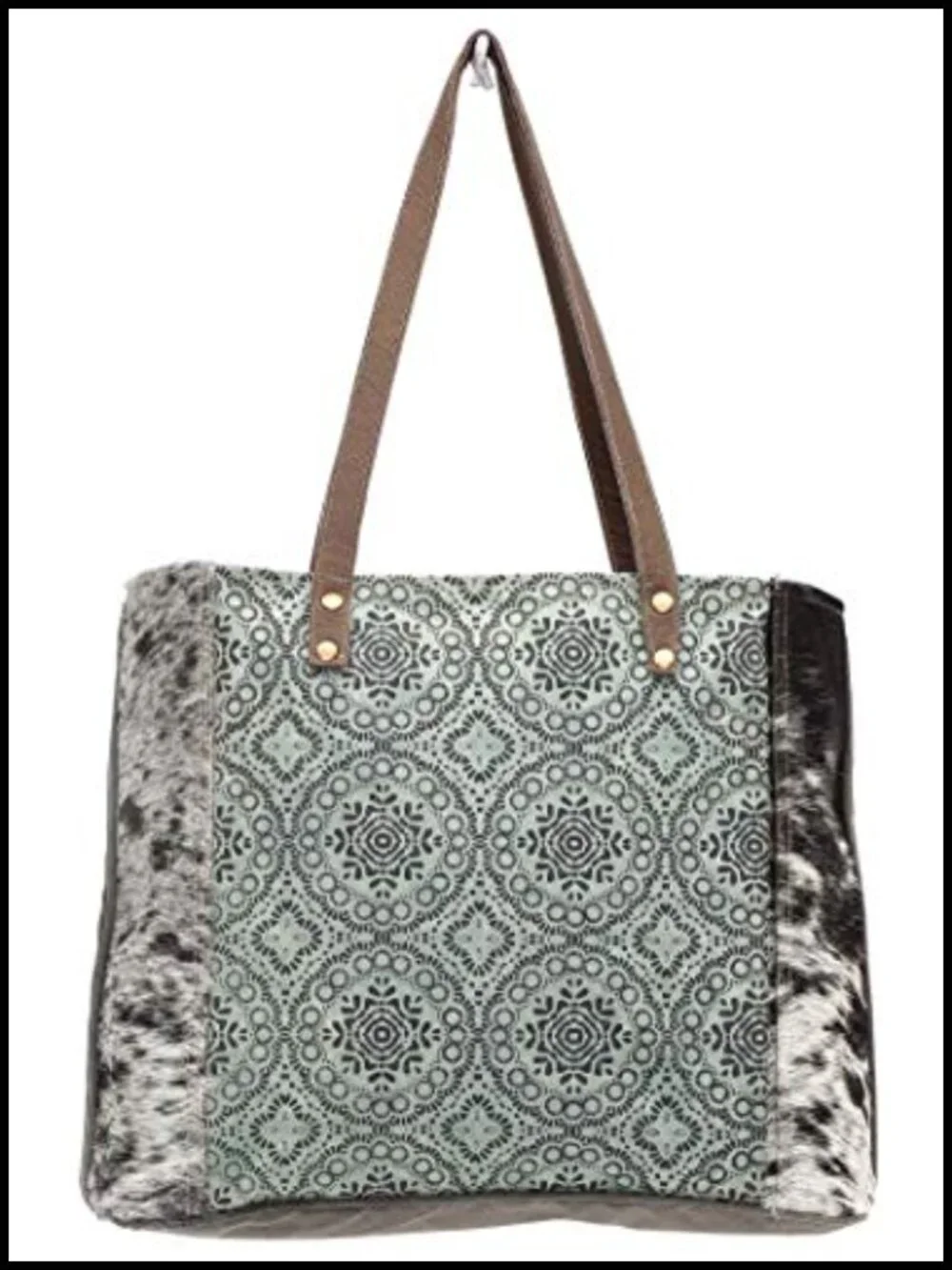 Genuine Leather and Canvas Floral Tote Bag with Hairon Cowhide